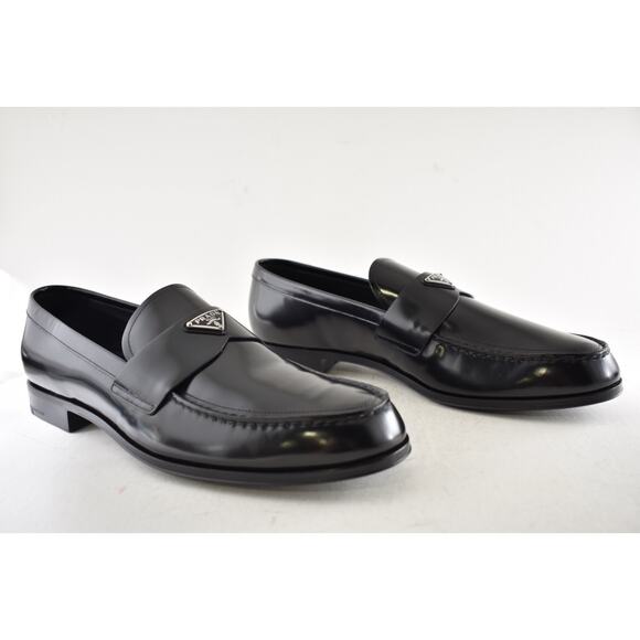 Prada Black Brushed Leather Triangle Logo Classic Loafer SlipOn Flat UK 12 US 13 main image 16